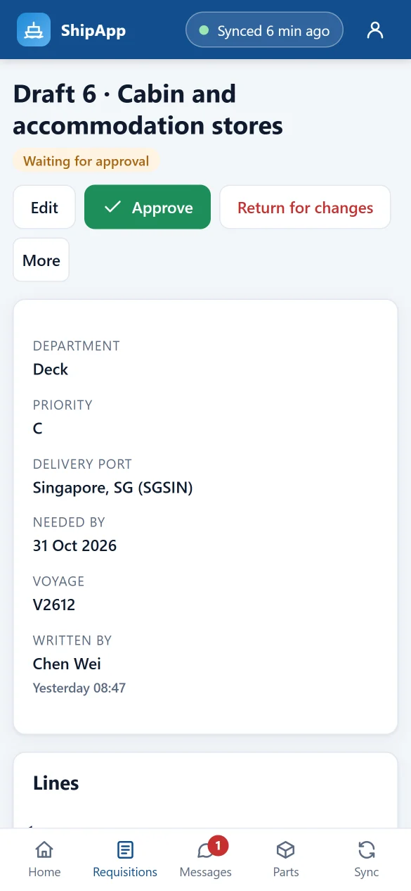 A requisition on a phone, with Approve and Return for changes buttons.